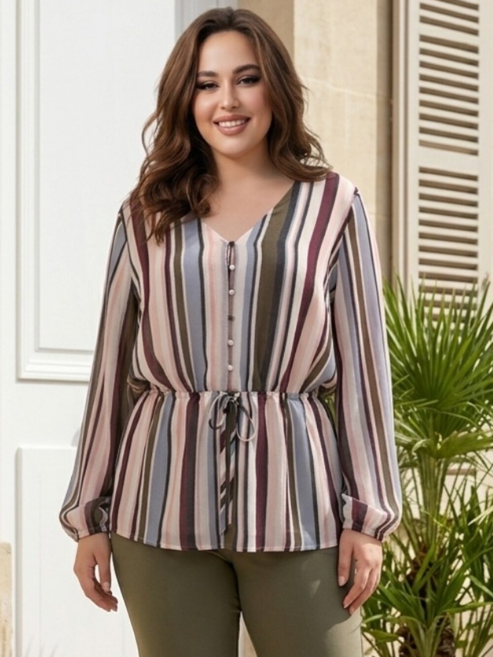 Lane Bryant Striped Long-Sleeve Drawstring Waist Top